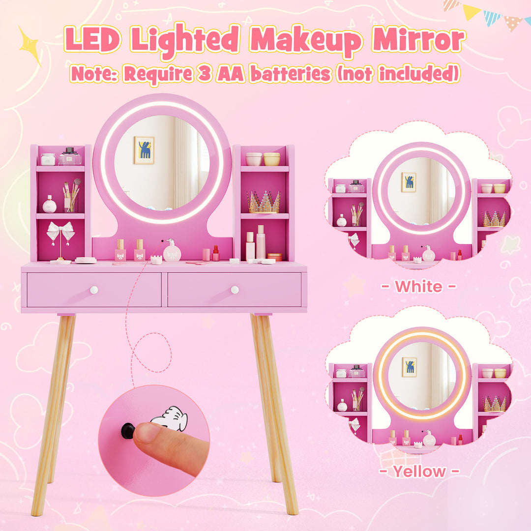 Kids Vanity Set with Lighted Mirror and Storage Drawers-Pink