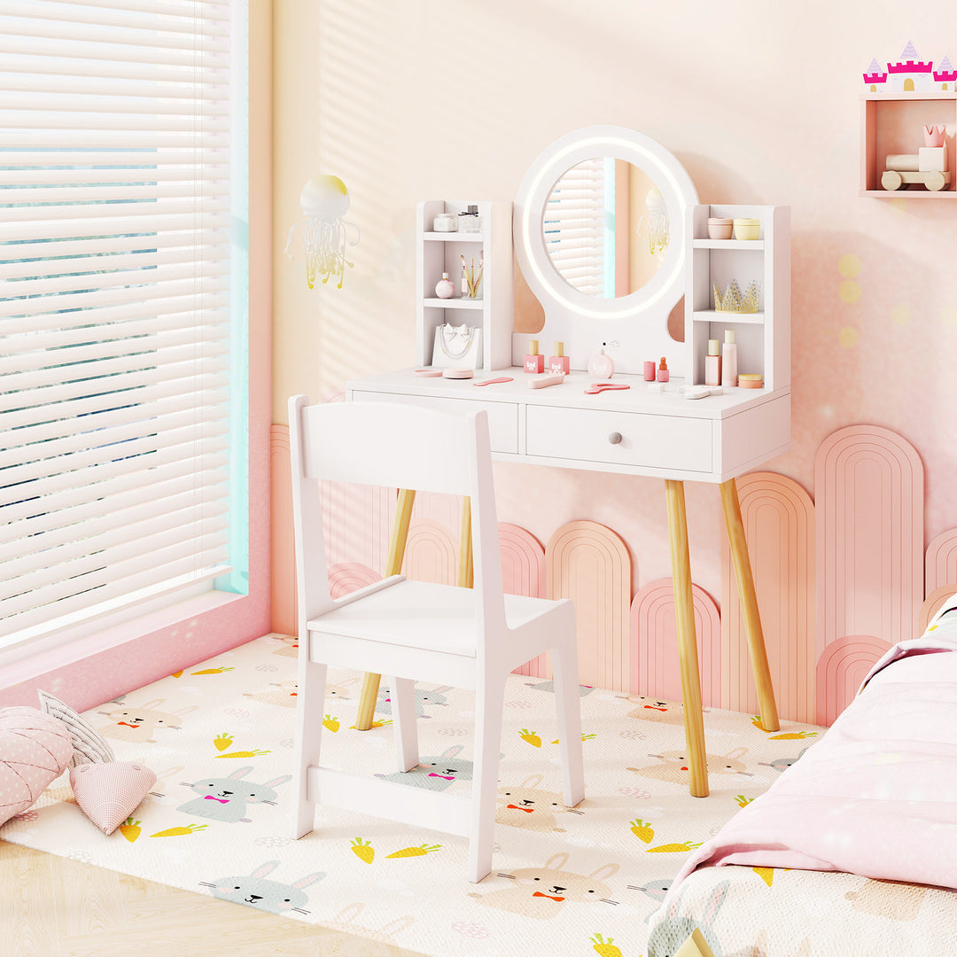 Kids Vanity Set with Lighted Mirror and Storage Drawers-White