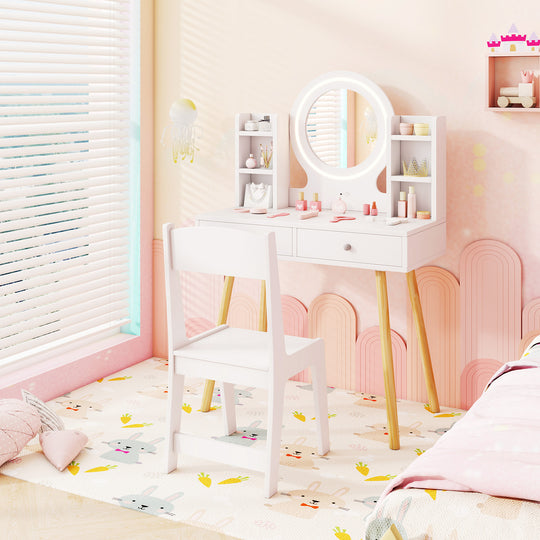 Kids Vanity Set with Lighted Mirror and Storage Drawers-White