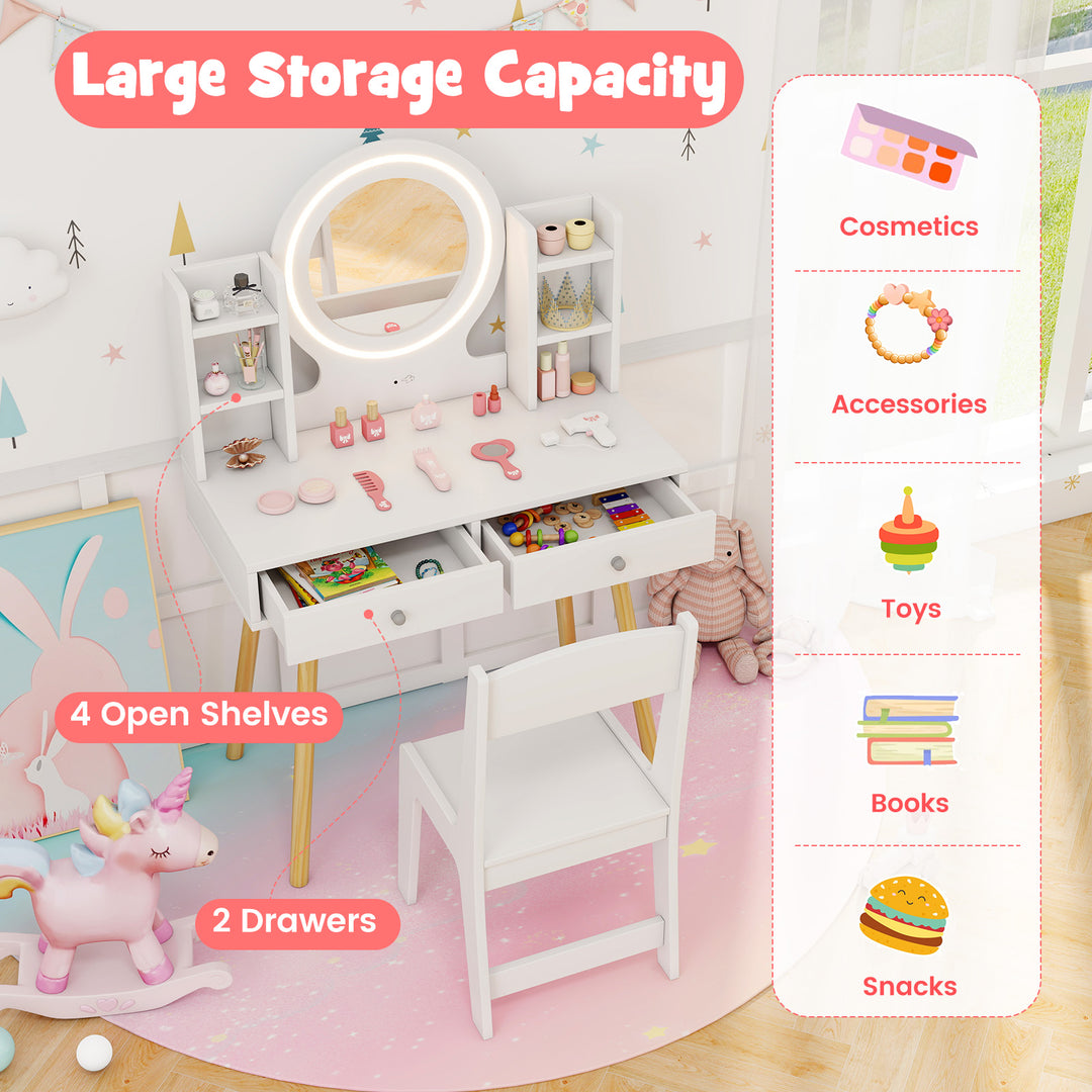 Kids Vanity Set with Lighted Mirror and Storage Drawers-White