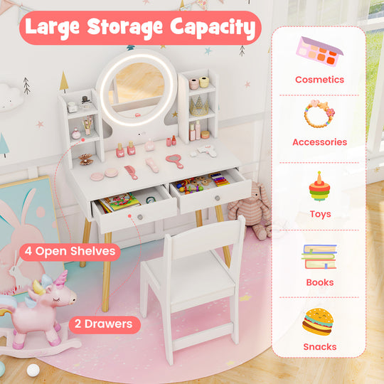Kids Vanity Set with Lighted Mirror and Storage Drawers-White