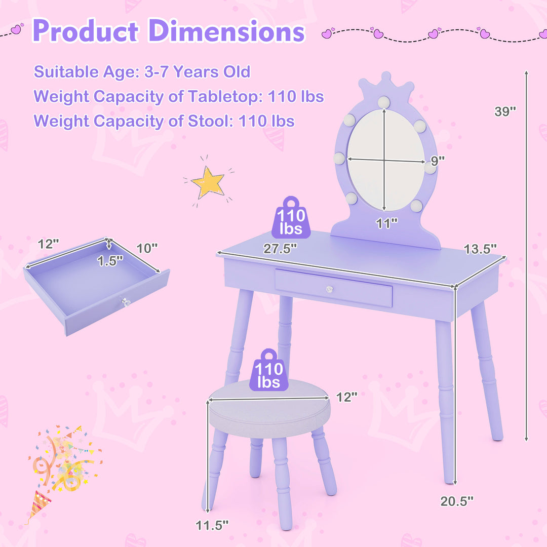 Kids Vanity Set with Lighted Mirror with Adjustable Brightness and Large Drawer-Purple