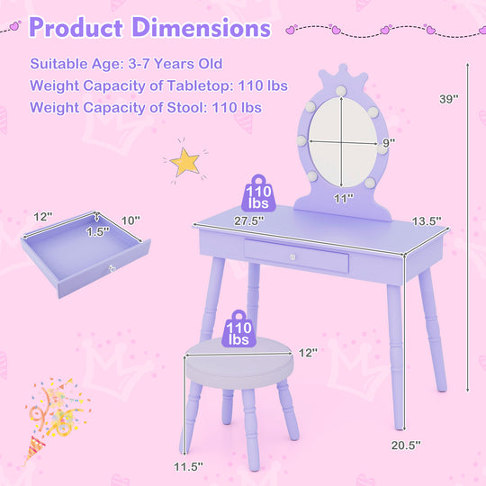 Kids Vanity Set with Lighted Mirror with Adjustable Brightness and Large Drawer-Purple
