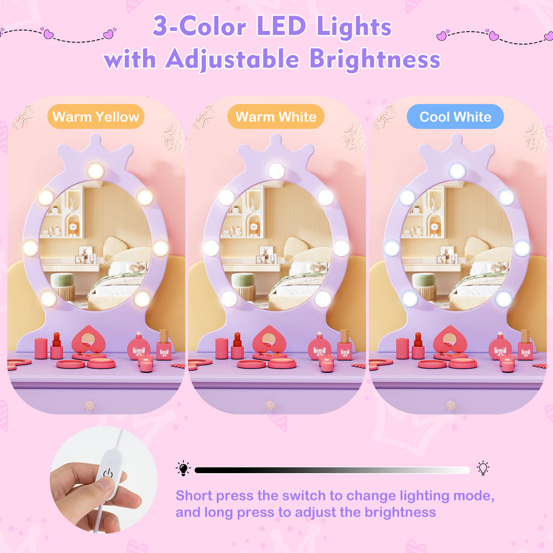Kids Vanity Set with Lighted Mirror with Adjustable Brightness and Large Drawer-Purple