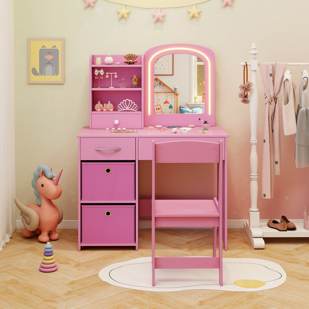 Kids Vanity Set with Lighted Mirror Makeup Desk and Chair Set with Drawers-Pink