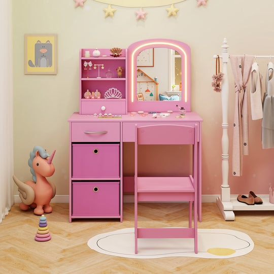 Kids Vanity Set with Lighted Mirror Makeup Desk and Chair Set with Drawers-Pink