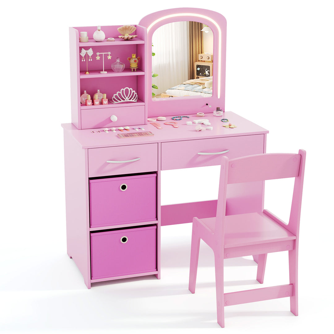 Kids Vanity Set with Lighted Mirror Makeup Desk and Chair Set with Drawers-Pink