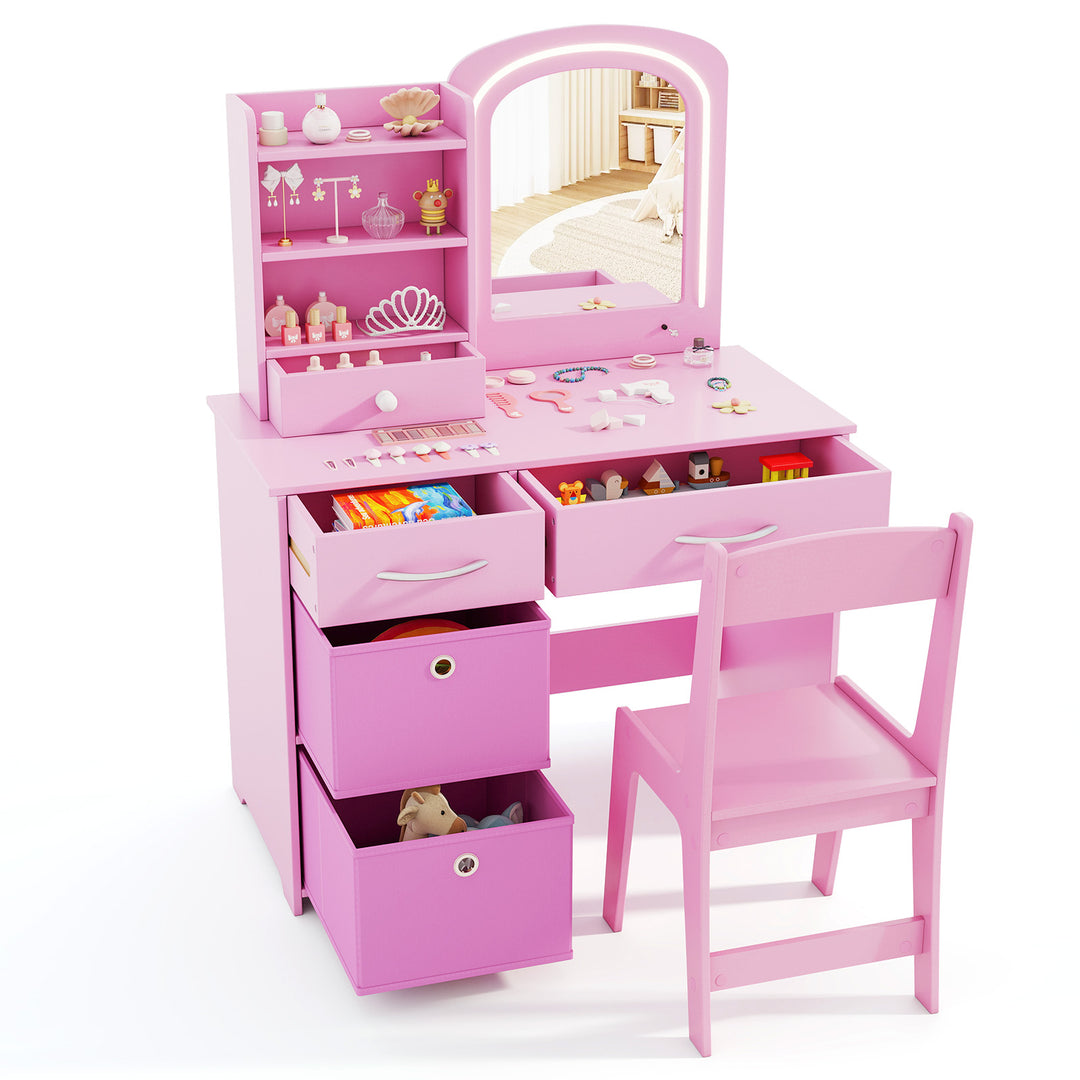 Kids Vanity Set with Lighted Mirror Makeup Desk and Chair Set with Drawers-Pink