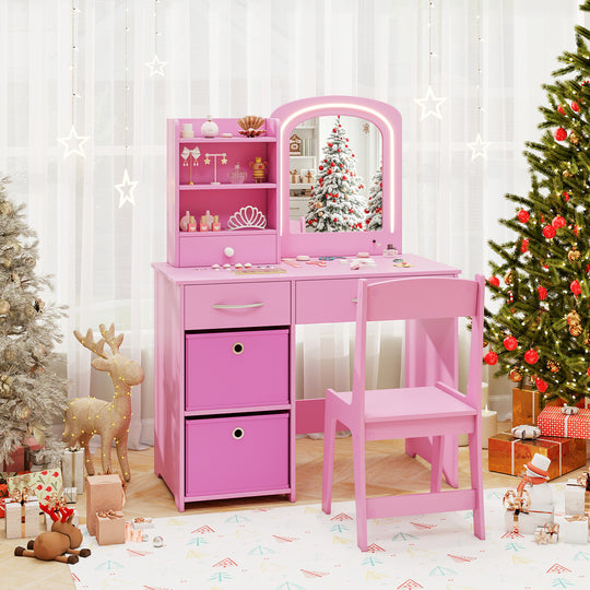 Kids Vanity Set with Lighted Mirror Makeup Desk and Chair Set with Drawers-Pink