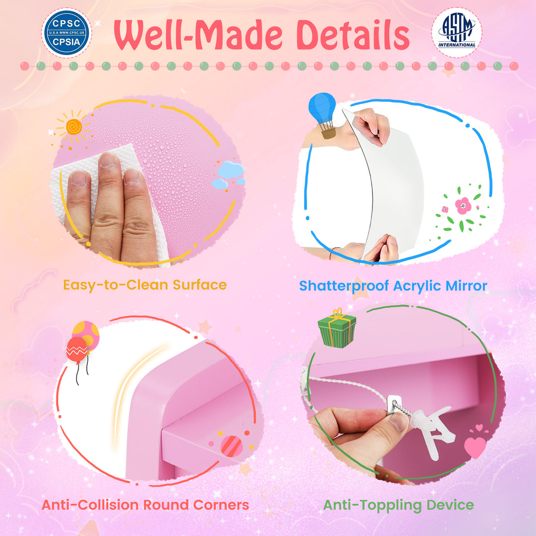 Kids Vanity Set with Lighted Mirror Makeup Desk and Chair Set with Drawers-Pink