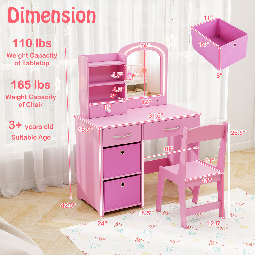 Kids Vanity Set with Lighted Mirror Makeup Desk and Chair Set with Drawers-Pink
