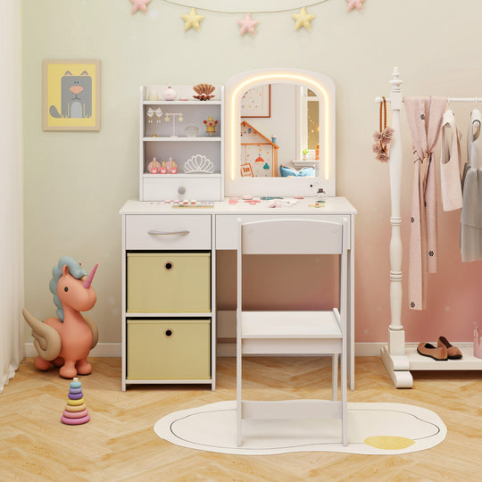 Kids Vanity Set with Lighted Mirror Makeup Desk and Chair Set with Drawers-White