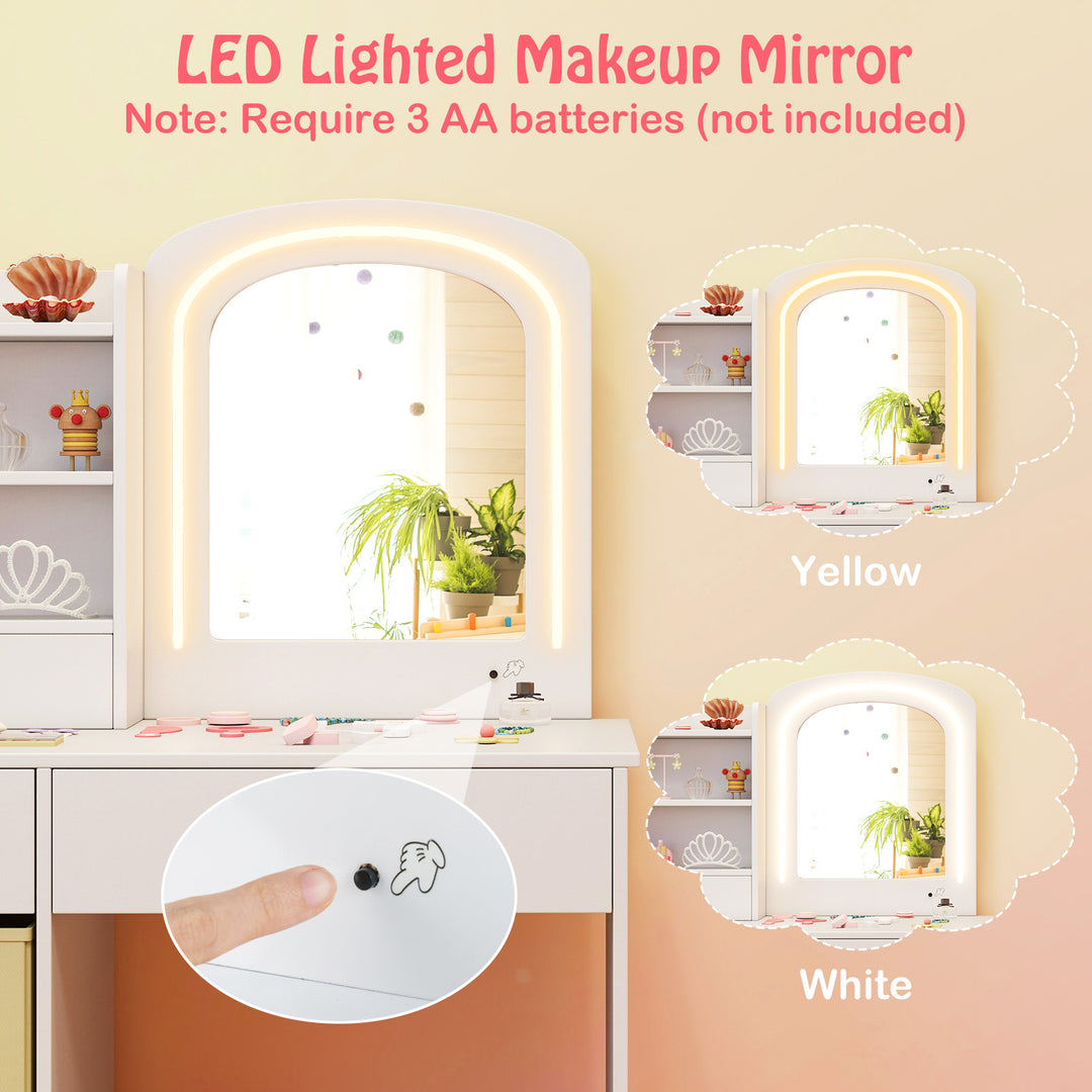 Kids Vanity Set with Lighted Mirror Makeup Desk and Chair Set with Drawers-White
