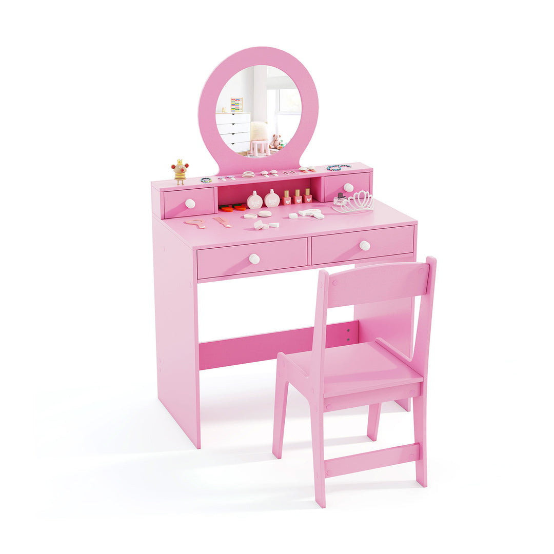 Kids Vanity Set with Mirror Princess Makeup Dressing Desk and Chair Set with Mirror-Pink