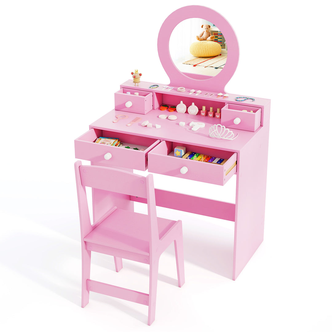Kids Vanity Set with Mirror Princess Makeup Dressing Desk and Chair Set with Mirror-Pink