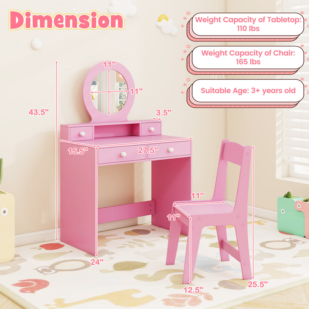 Kids Vanity Set with Mirror Princess Makeup Dressing Desk and Chair Set with Mirror-Pink