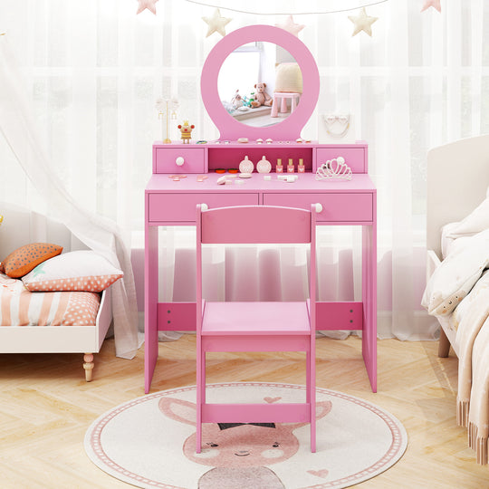 Kids Vanity Set with Mirror Princess Makeup Dressing Desk and Chair Set with Mirror-Pink