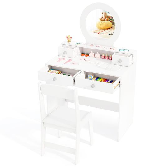 Kids Vanity Set with Mirror Princess Makeup Dressing Desk and Chair Set with Mirror-White