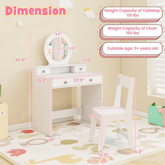 Kids Vanity Set with Mirror Princess Makeup Dressing Desk and Chair Set with Mirror-White