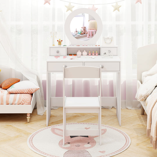 Kids Vanity Set with Mirror Princess Makeup Dressing Desk and Chair Set with Mirror-White