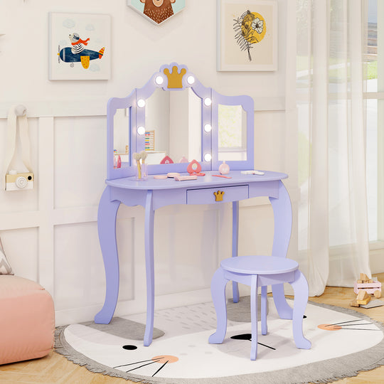 Kids Vanity Set with Tri-fold Lighted Mirror Detachable Top and Stool-Purple