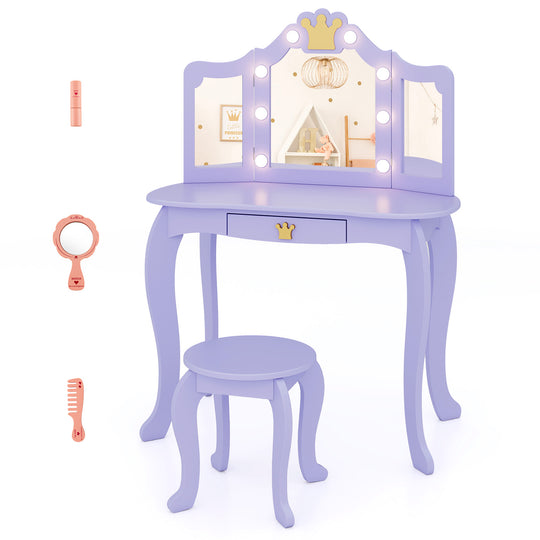 Kids Vanity Set with Tri-fold Lighted Mirror Detachable Top and Stool-Purple