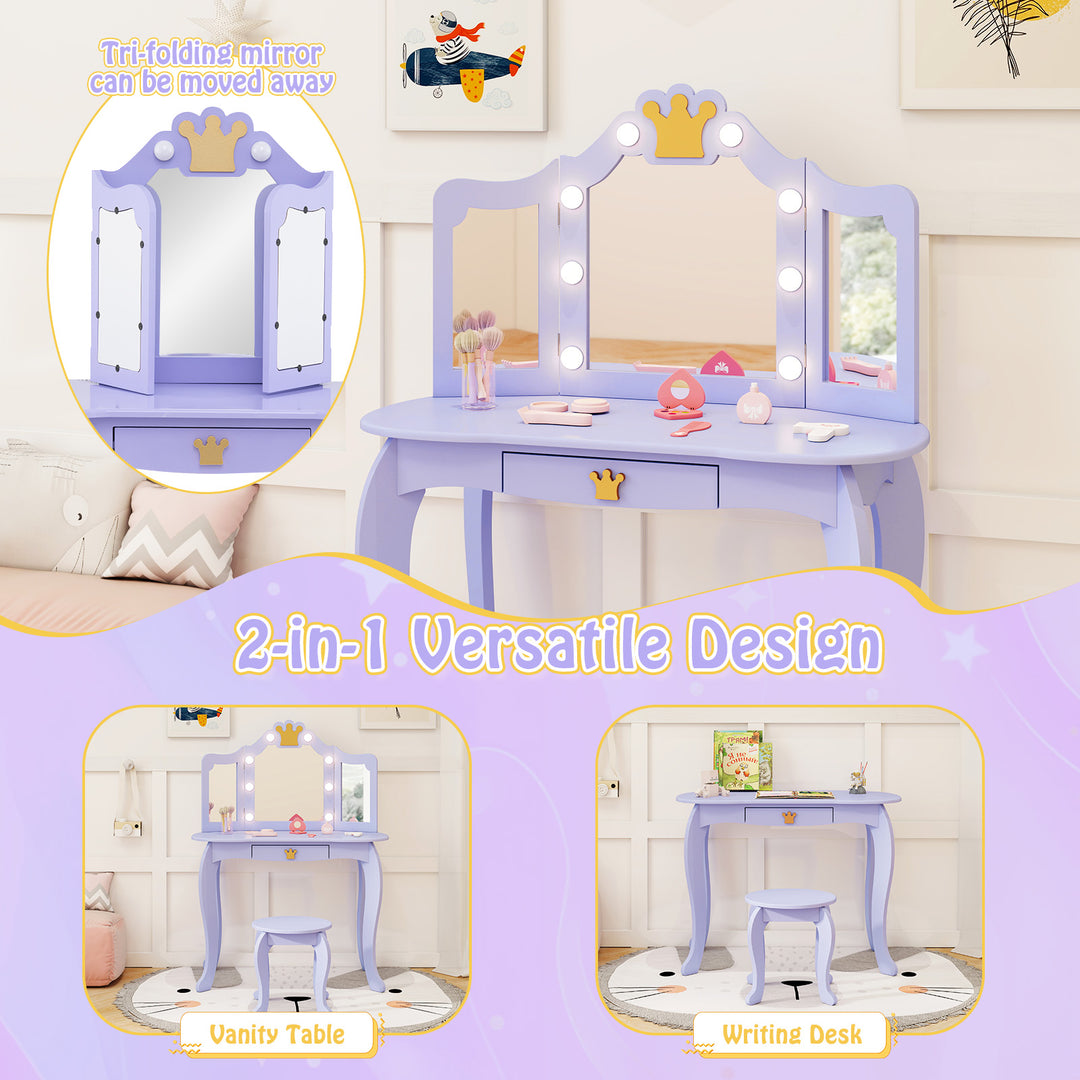 Kids Vanity Set with Tri-fold Lighted Mirror Detachable Top and Stool-Purple