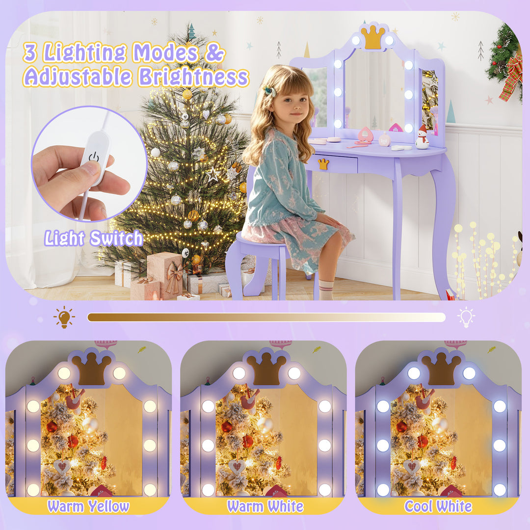 Kids Vanity Set with Tri-fold Lighted Mirror Detachable Top and Stool-Purple