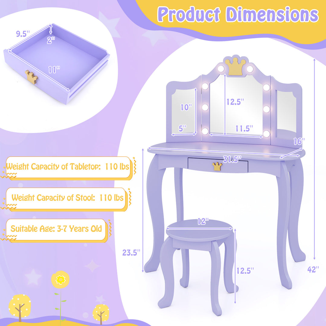 Kids Vanity Set with Tri-fold Lighted Mirror Detachable Top and Stool-Purple