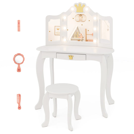 Kids Vanity Set with Tri-fold Lighted Mirror Detachable Top and Stool-White