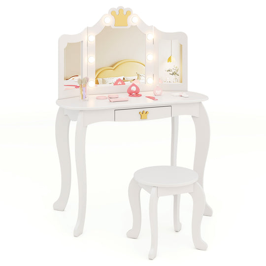 Kids Vanity Set with Tri-fold Lighted Mirror Detachable Top and Stool-White