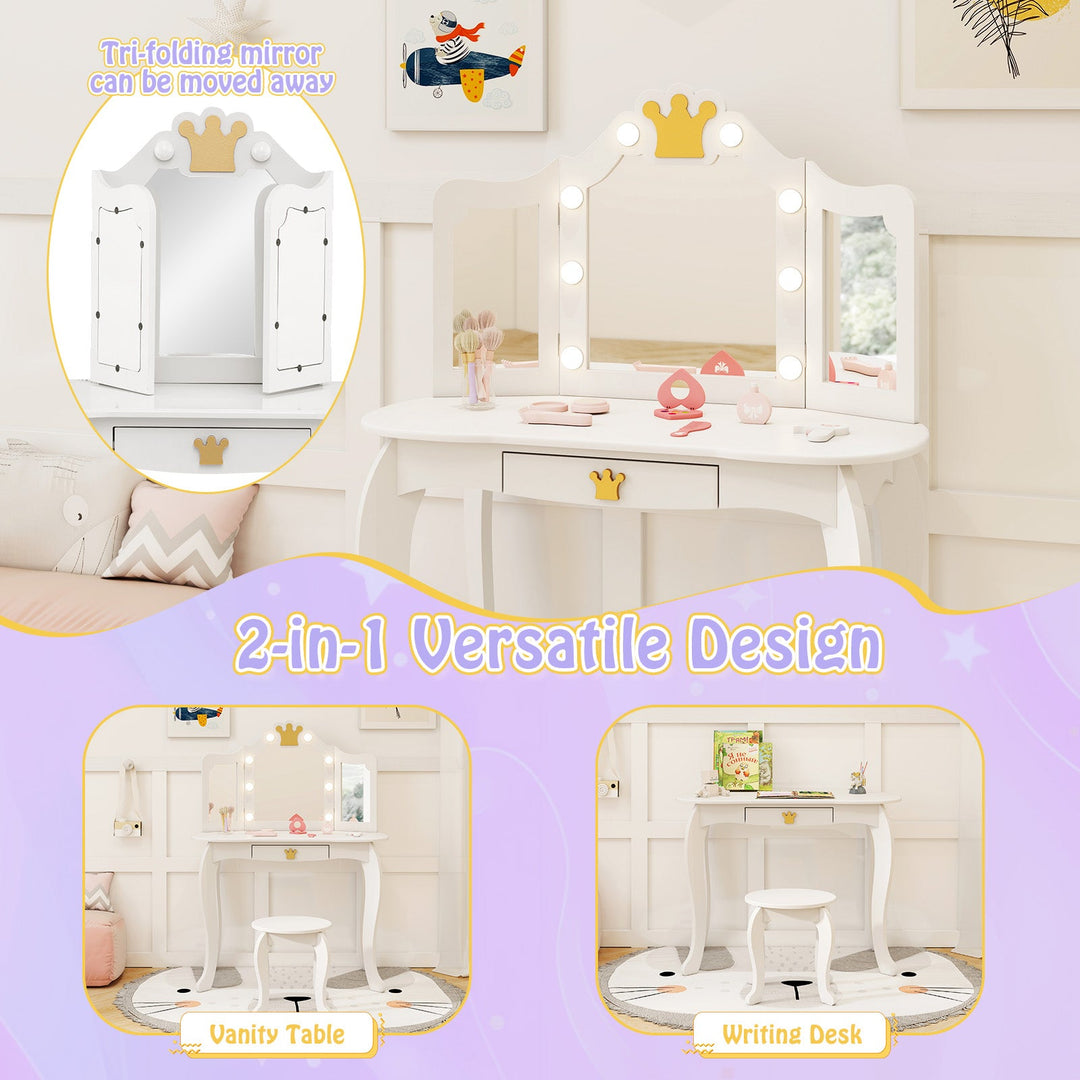 Kids Vanity Set with Tri-fold Lighted Mirror Detachable Top and Stool