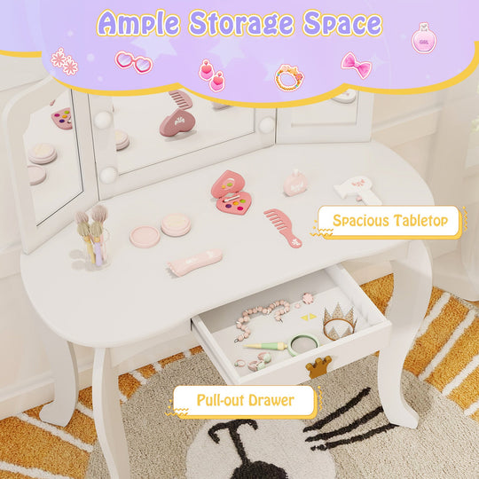 Kids Vanity Set with Tri-fold Lighted Mirror Detachable Top and Stool