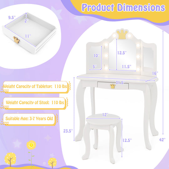 Kids Vanity Set with Tri-fold Lighted Mirror Detachable Top and Stool-White