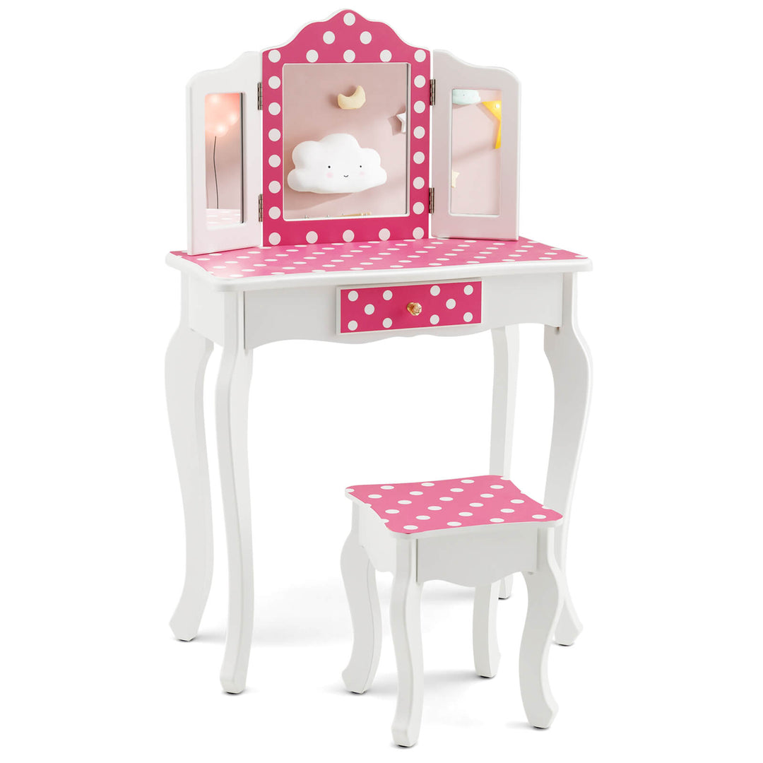Kids Vanity Table and Stool Set with Cute Polka Dot Print-Pink