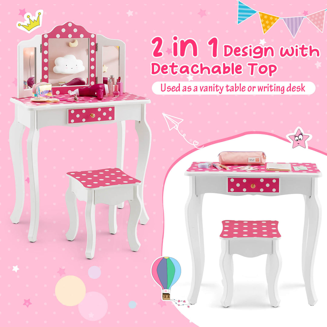 Kids Vanity Table and Stool Set with Cute Polka Dot Print-Pink