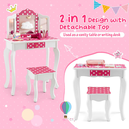 Kids Vanity Table and Stool Set with Cute Polka Dot Print-Pink