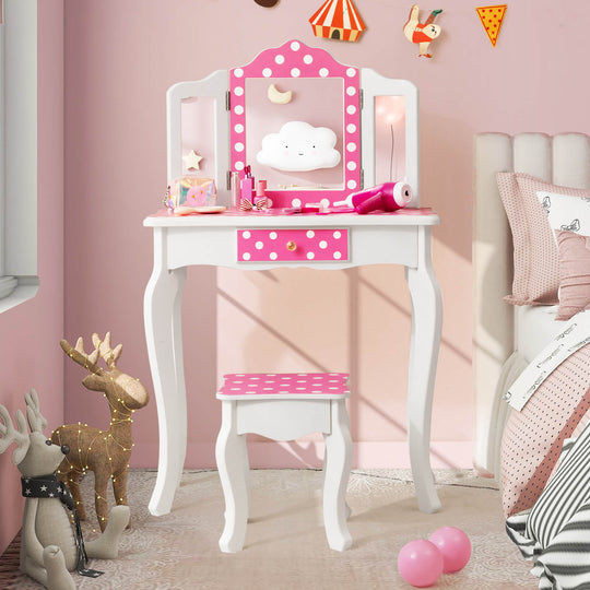 Kids Vanity Table and Stool Set with Cute Polka Dot Print-Pink