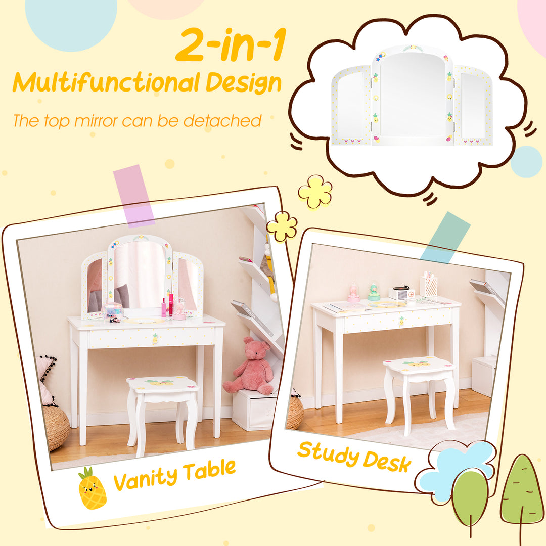 Kids Vanity Table Set with Tri-Folding Mirror and Large Drawer-White