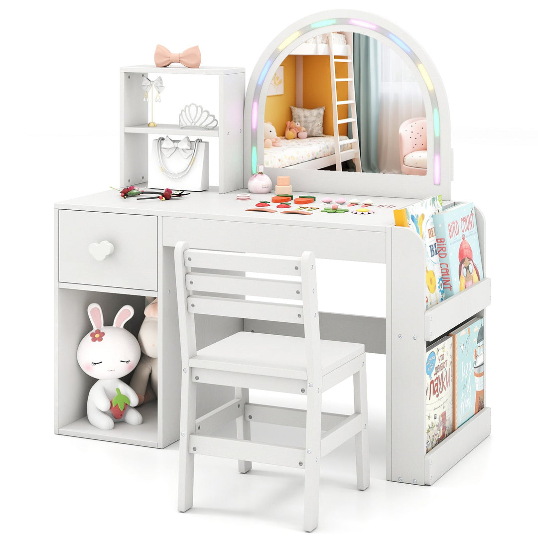 Kids Vanity Table and Chair Set with Lighted Mirror for Kids Aged 3+ Years Old