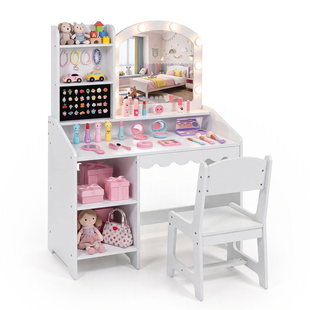 Kids Vanity Table and Chair Set with 8 LED Bulbs and Ring Slots and Mirror