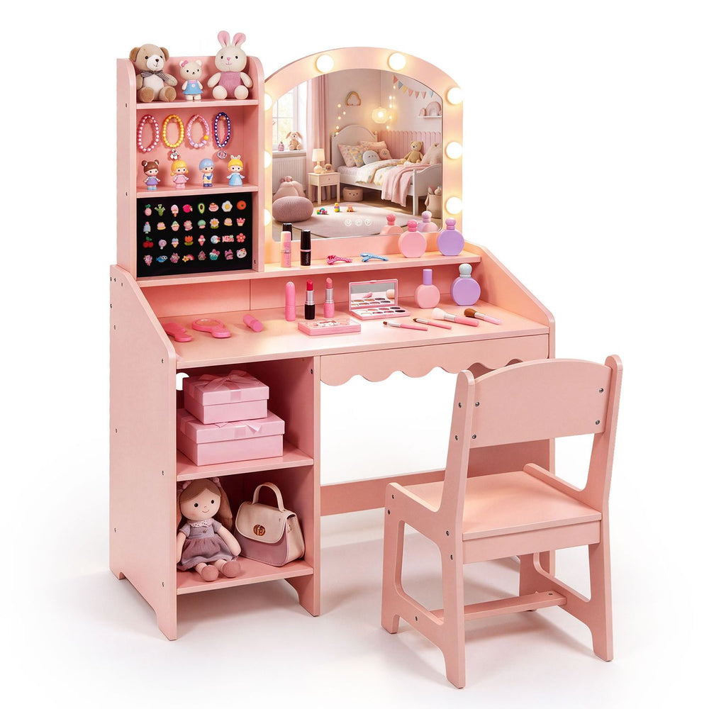 Kids Vanity Table and Chair Set with 8 LED Bulbs and Ring Slots and Mirror