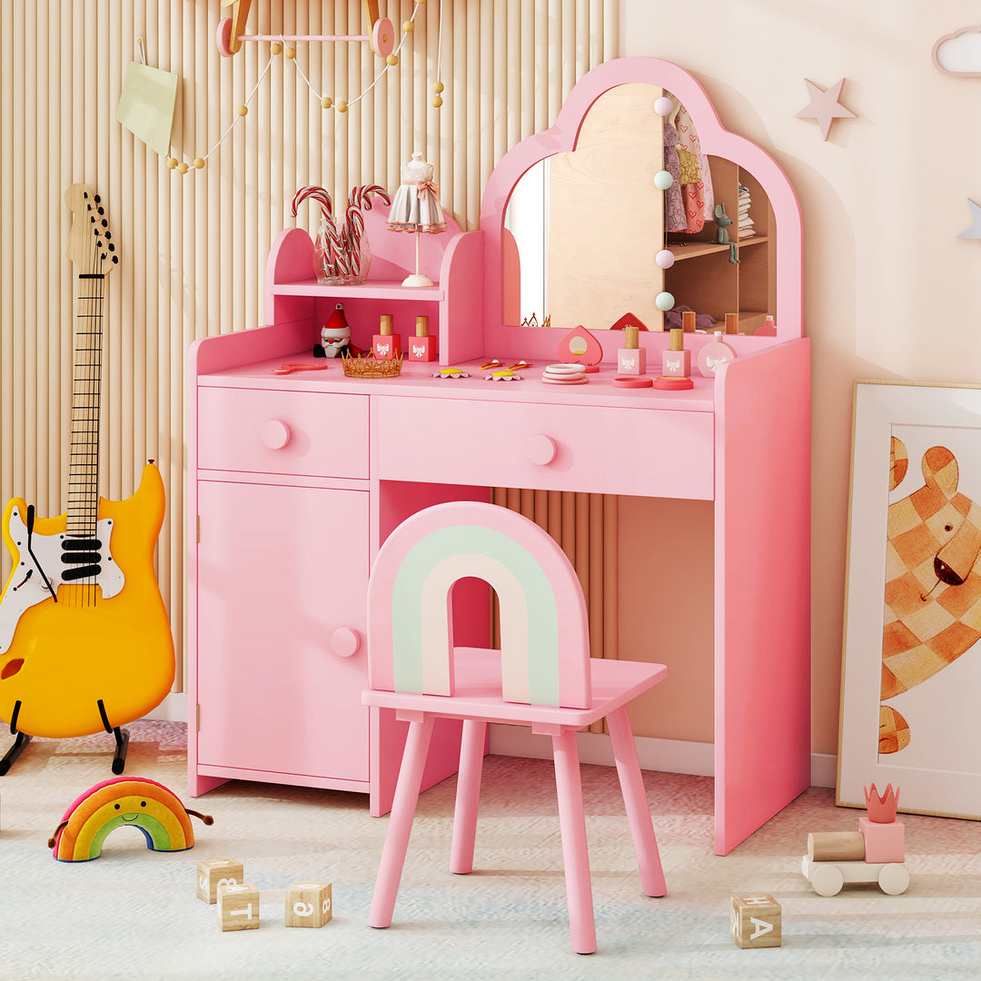 Kids Vanity Table and Chair Set with Cloud-shaped Mirror and Open Shelf-Pink