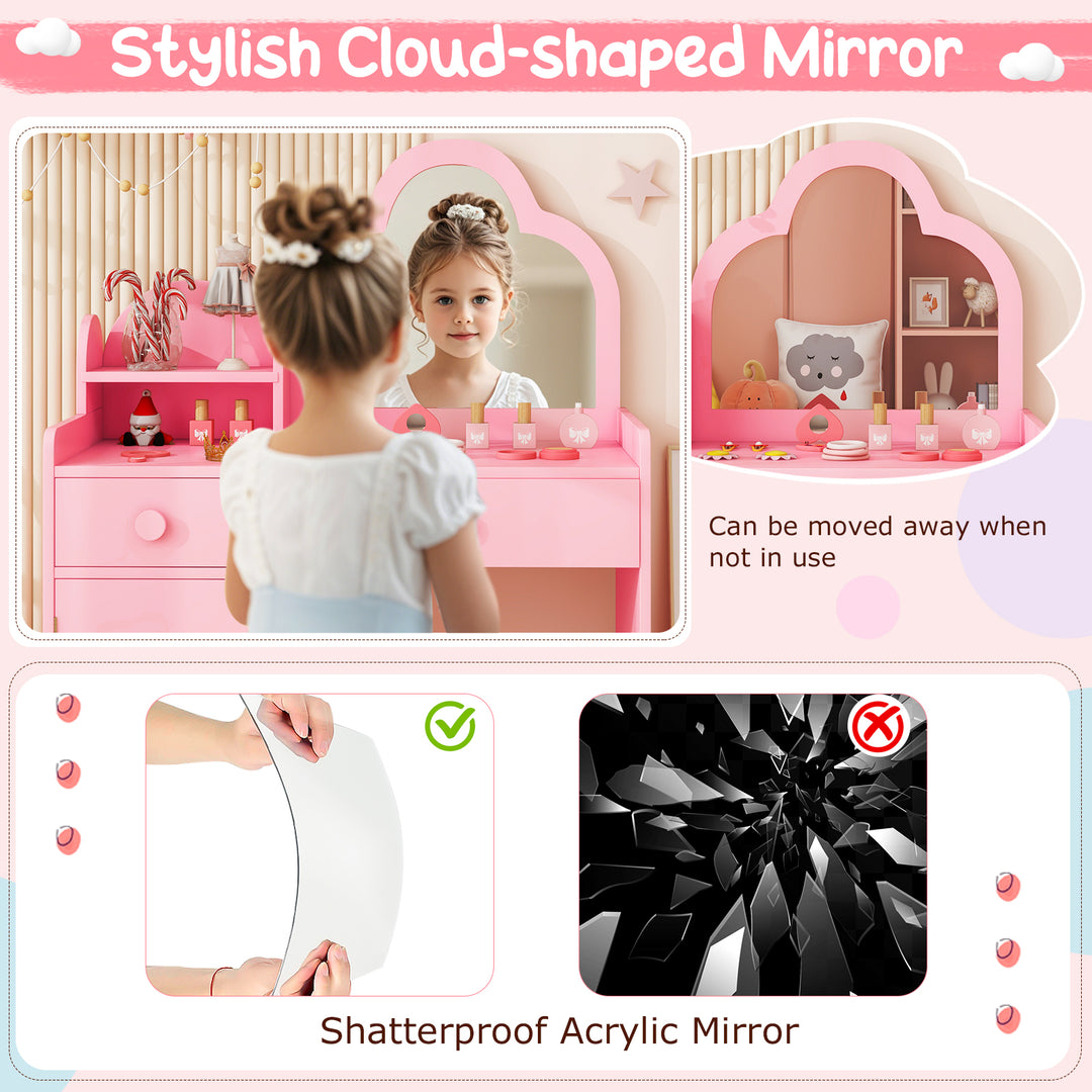 Kids Vanity Table and Chair Set with Cloud-shaped Mirror and Open Shelf-Pink