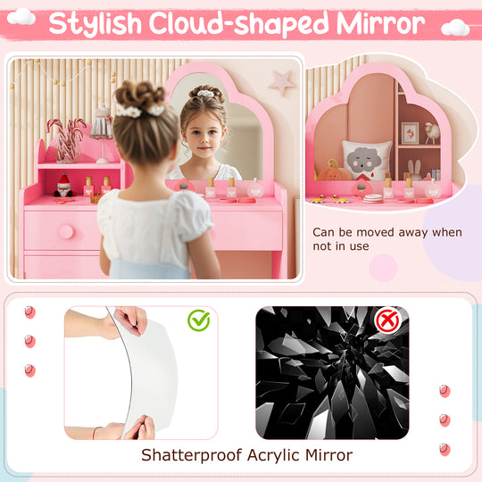 Kids Vanity Table and Chair Set with Cloud-shaped Mirror and Open Shelf-Pink
