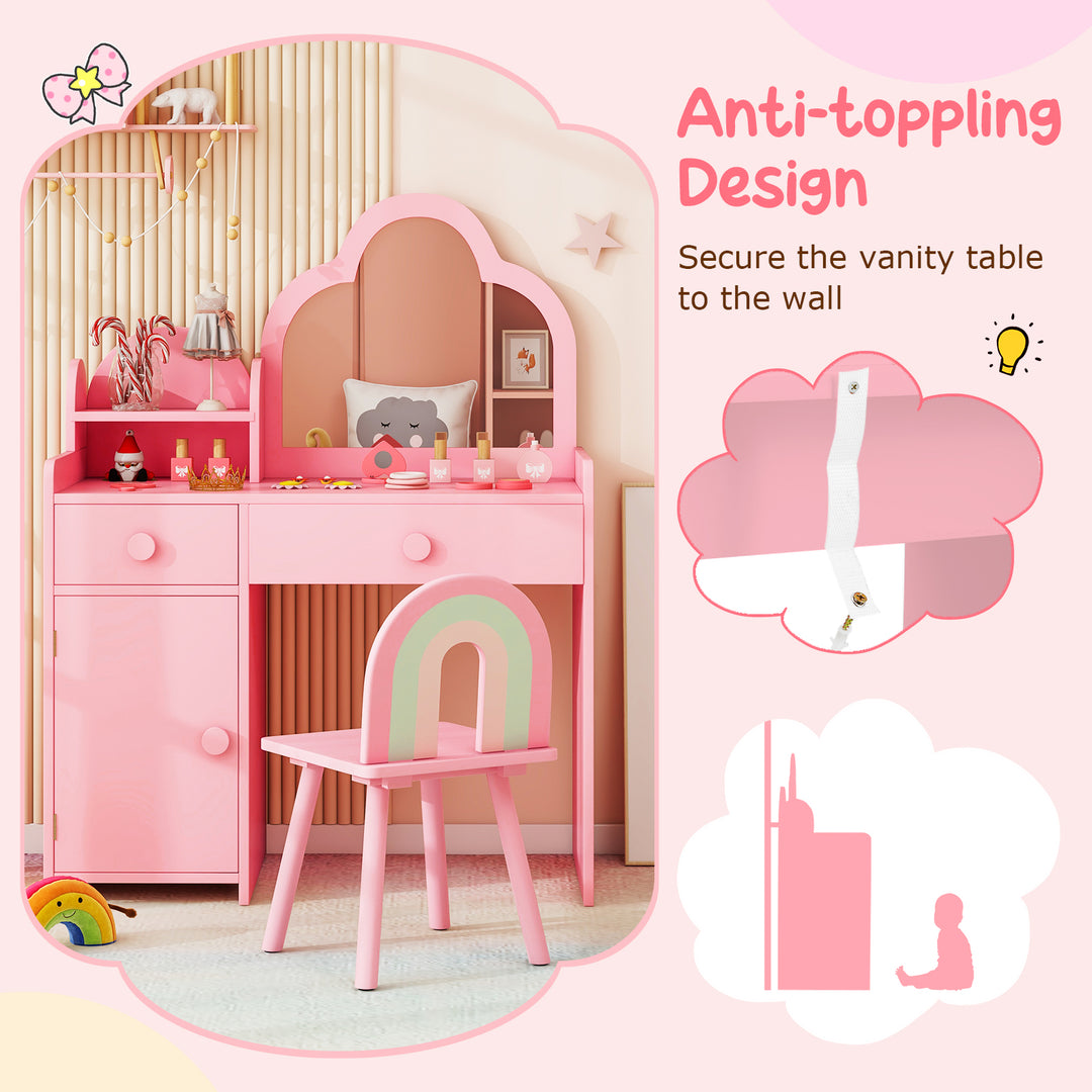 Kids Vanity Table and Chair Set with Cloud-shaped Mirror and Open Shelf-Pink