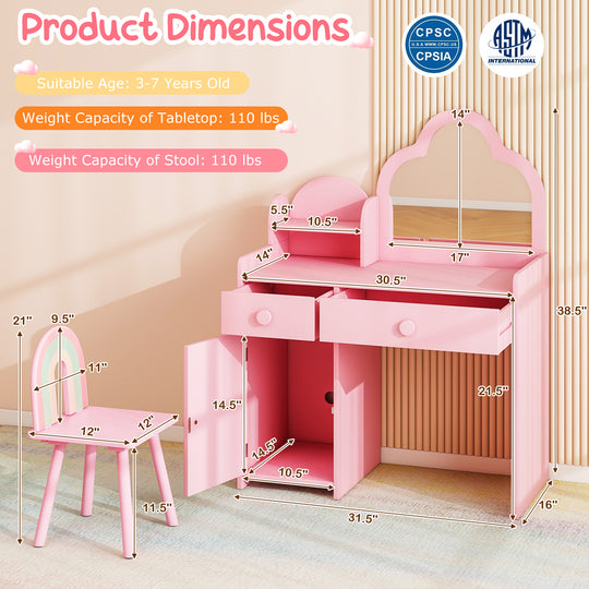 Kids Vanity Table and Chair Set with Cloud-shaped Mirror and Open Shelf-Pink