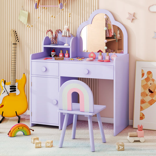 Kids Vanity Table and Chair Set with Cloud-shaped Mirror and Open Shelf-Purple