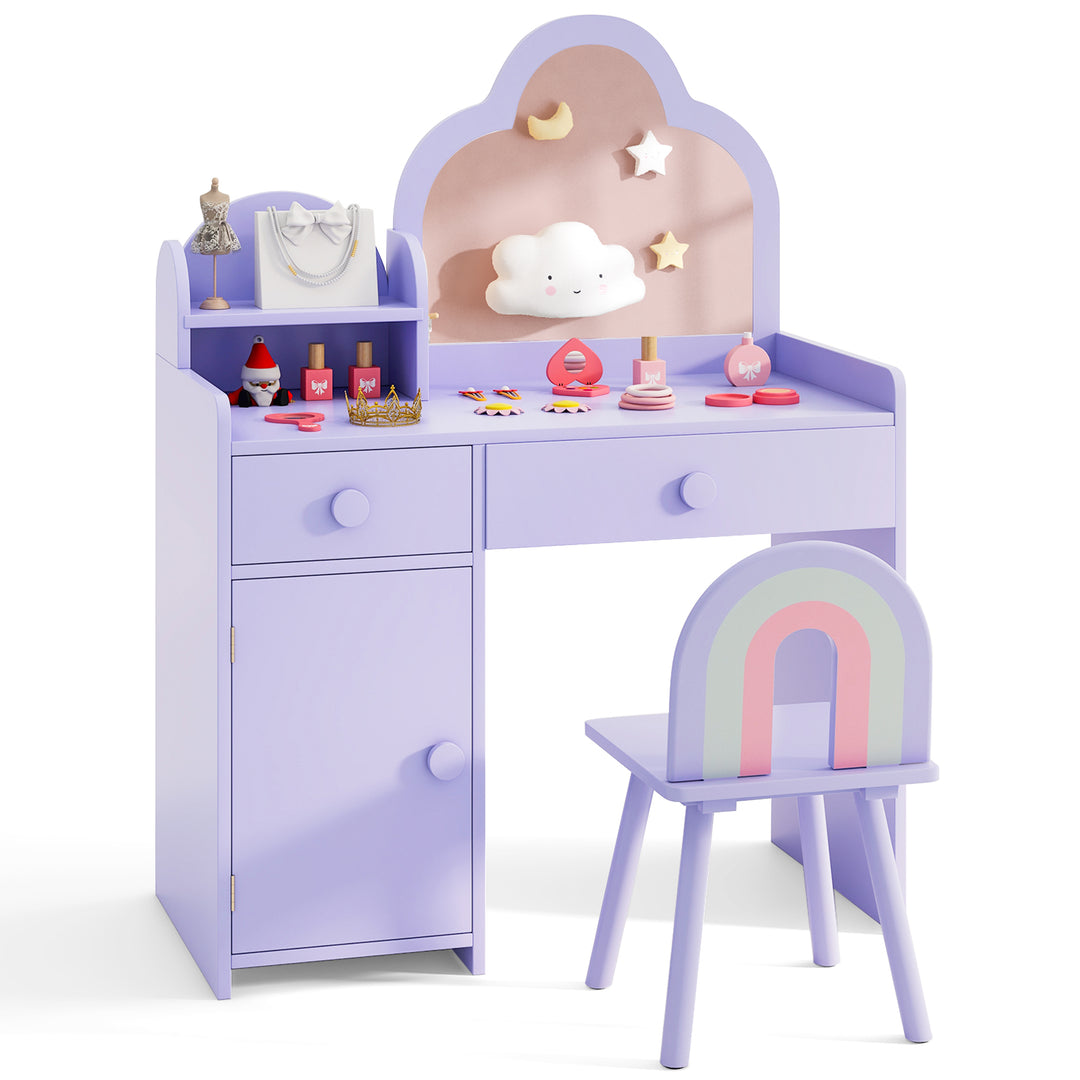 Kids Vanity Table and Chair Set with Cloud-shaped Mirror and Open Shelf-Purple