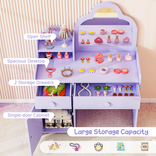 Kids Vanity Table and Chair Set with Cloud-shaped Mirror and Open Shelf-Purple